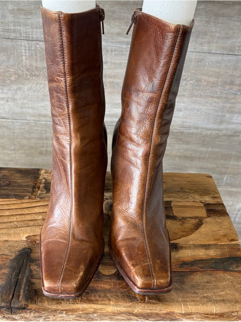 Brown Leather Mid-Calf Square-Toe Heel Boots - Picture 2 of 6